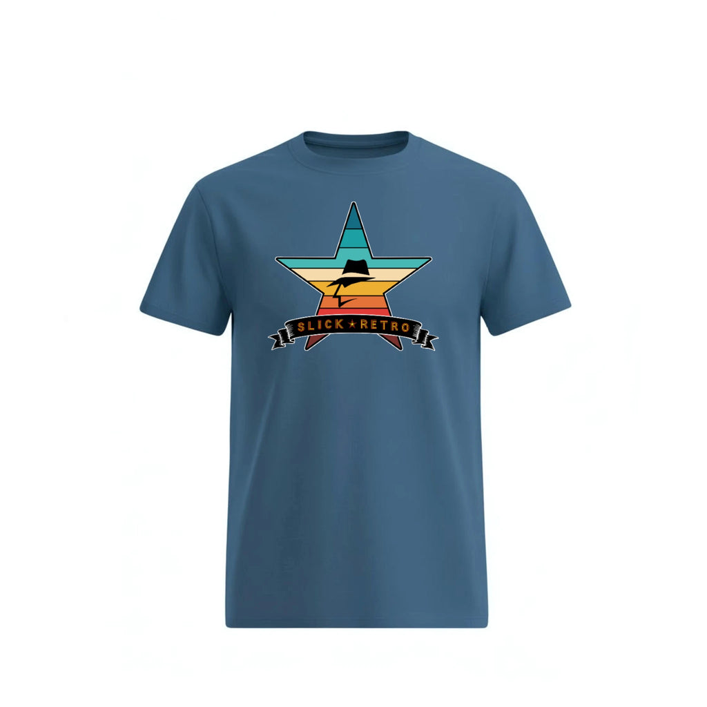 Blue storm t-shirt with a vintage color star graphic and 'Slick Retro' text on a white background