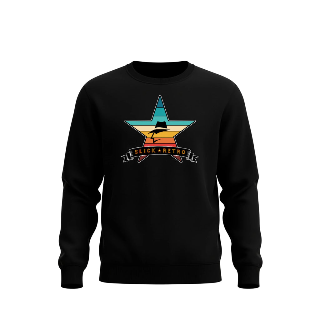 Black sweatshirt with a vintage color star graphic and 'Slick Retro' text on a white background