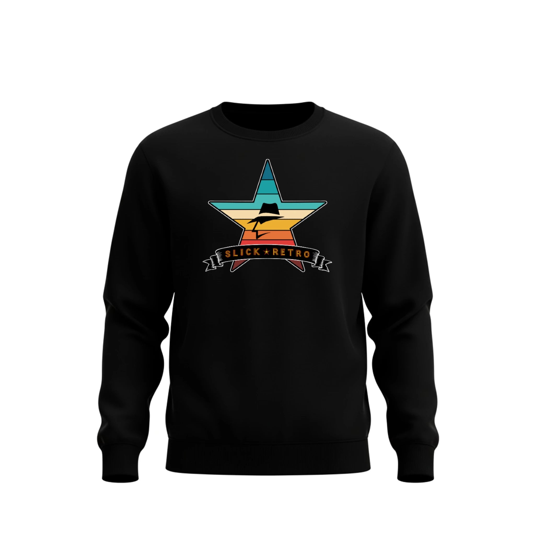 Black sweatshirt with a vintage color star graphic and 'Slick Retro' text on a white background