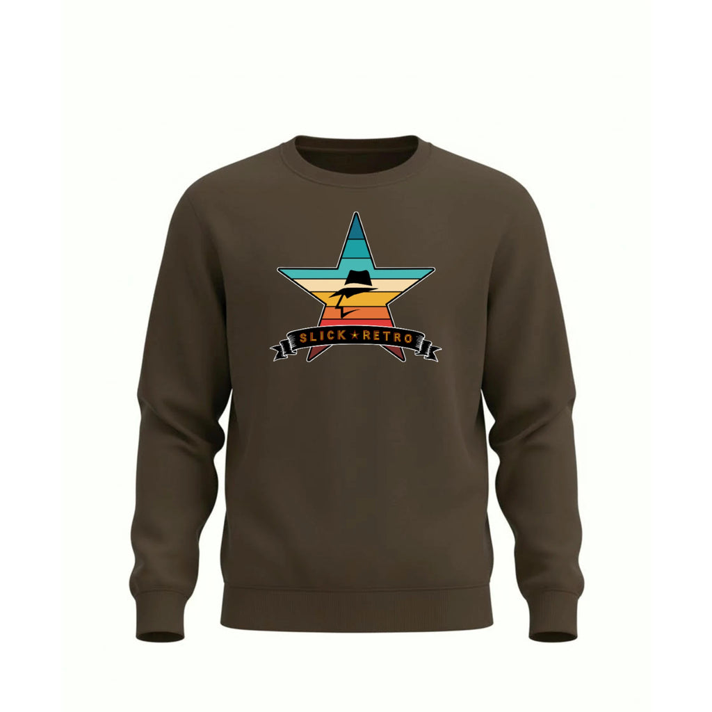 Brown  sweatshirt with a vintage color star graphic and 'Slick Retro' text on a white background