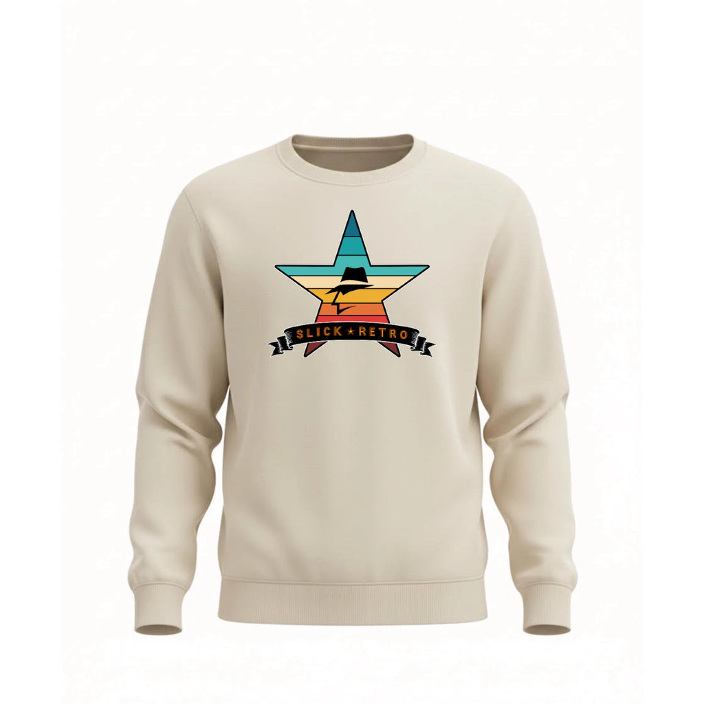 Beige sweatshirt with a vintage color star graphic and 'Slick Retro' text on a white background