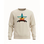 Beige sweatshirt with a vintage color star graphic and 'Slick Retro' text on a white background