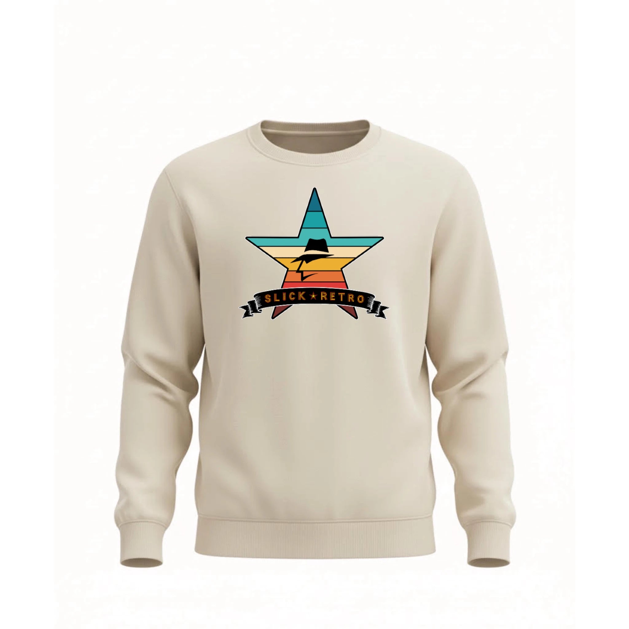 Beige sweatshirt with a vintage color star graphic and 'Slick Retro' text on a white background