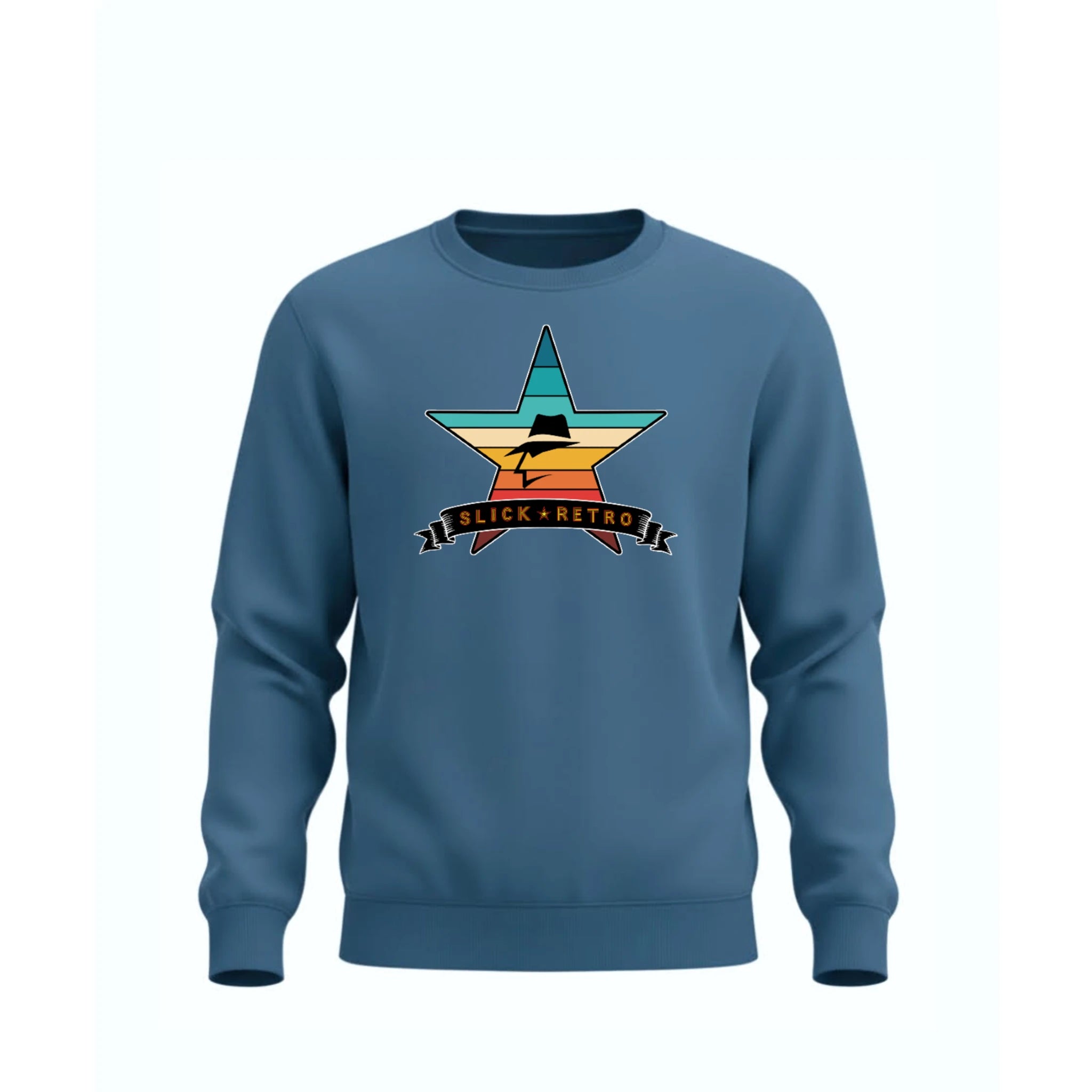Blue Storm sweatshirt with a vintage color star graphic and 'Slick Retro' text on a white background