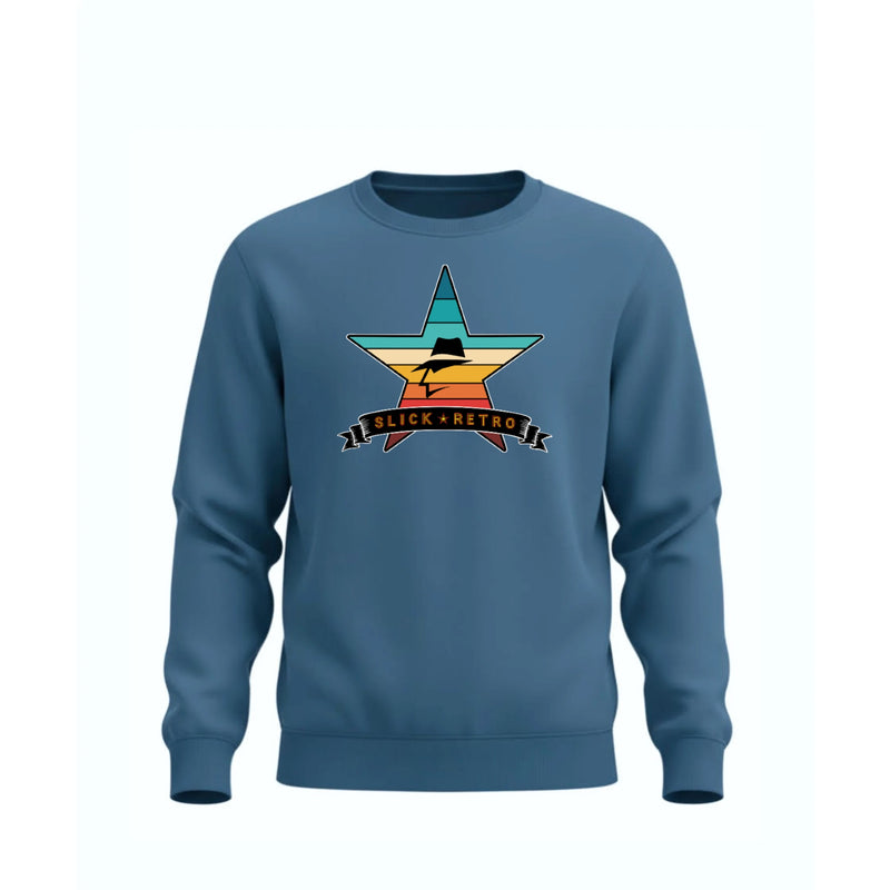 Blue Storm sweatshirt with a vintage color star graphic and 'Slick Retro' text on a white background
