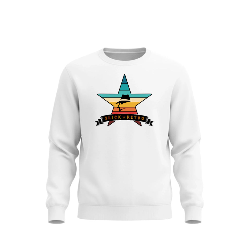 White sweatshirt with a vintage color star graphic and 'Slick Retro' text on a white background