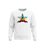 White sweatshirt with a vintage color star graphic and 'Slick Retro' text on a white background