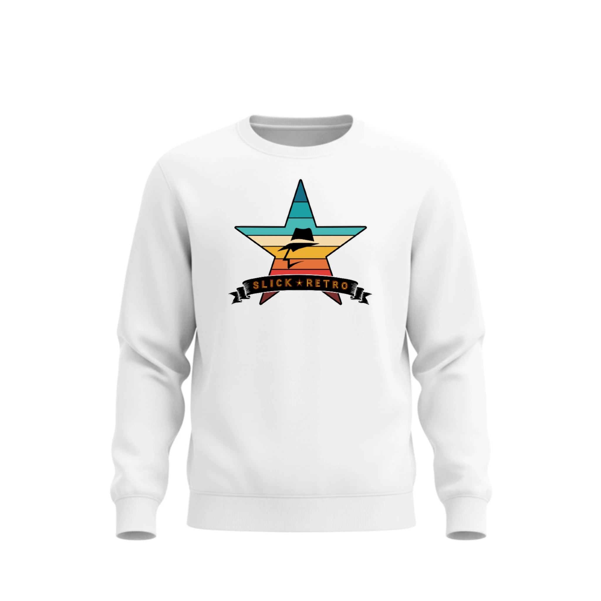 White sweatshirt with a vintage color star graphic and 'Slick Retro' text on a white background