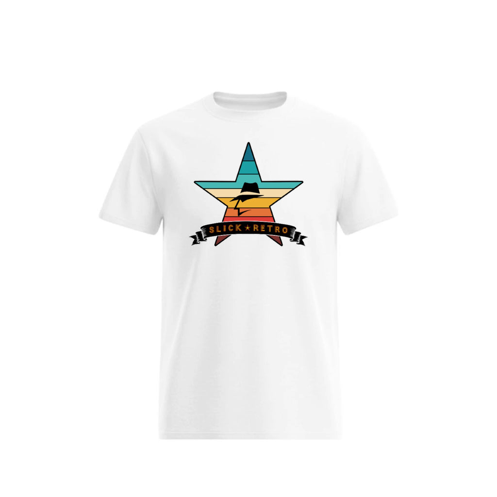 White t-shirt with a vintage color star graphic and 'Slick Retro' text on a white background