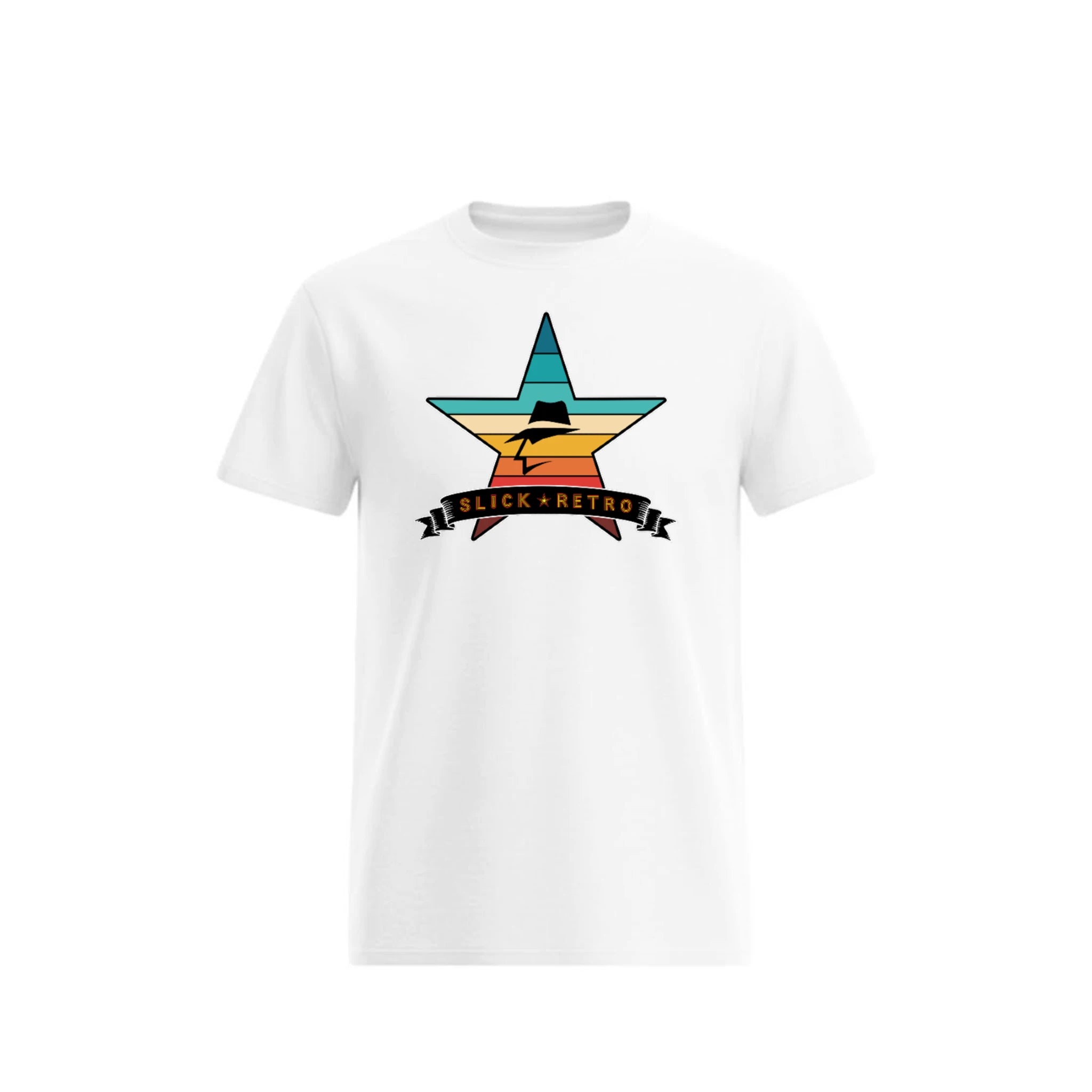 White t-shirt with a vintage color star graphic and 'Slick Retro' text on a white background