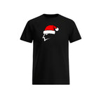 Black t-shirt with a graphic of a Santa hat on a white background