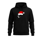 Black hoodie with a Santa hat graphic on a white background