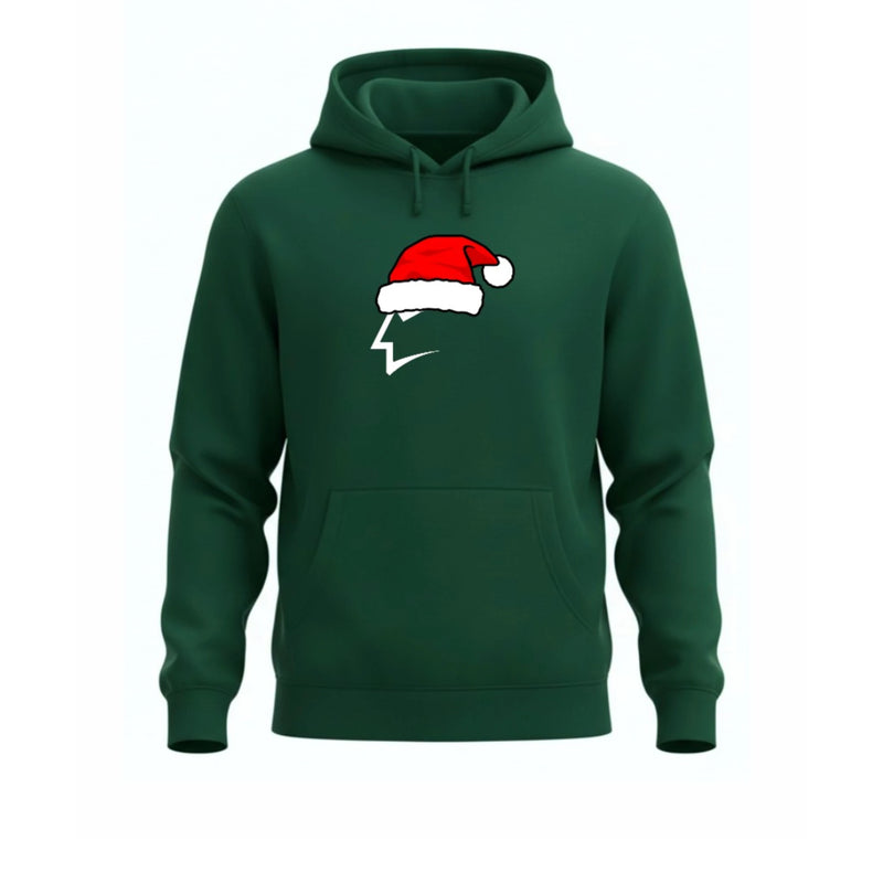 Pine green hoodie with a Santa hat graphic on a white background