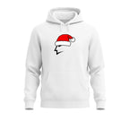 White hoodie with a graphic of a face wearing a Santa hat on a white background