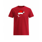 Red t-shirt with a Santa hat design on a white background