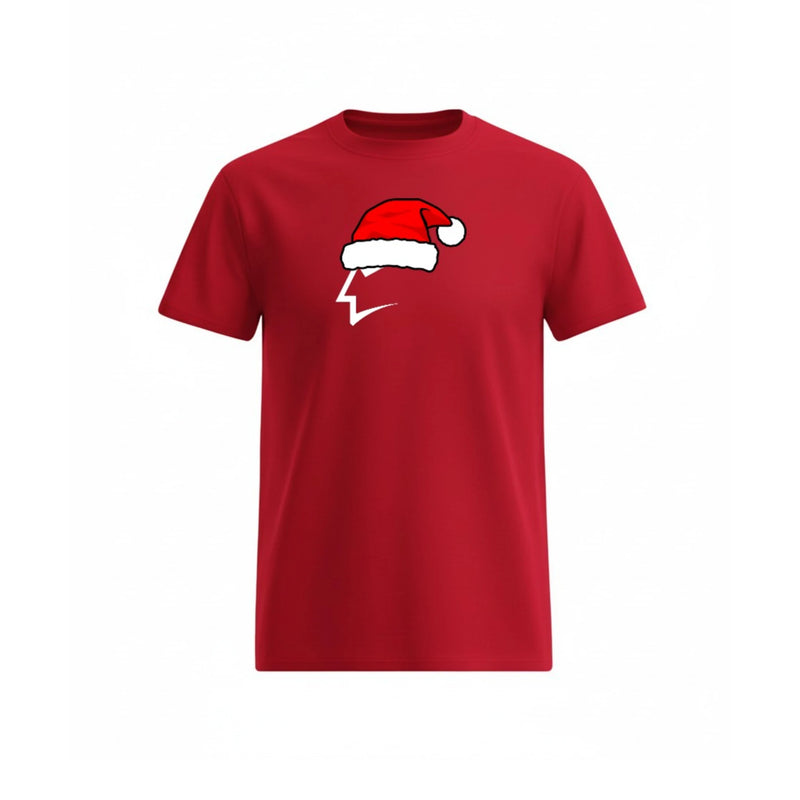 Red t-shirt with a Santa hat design on a white background