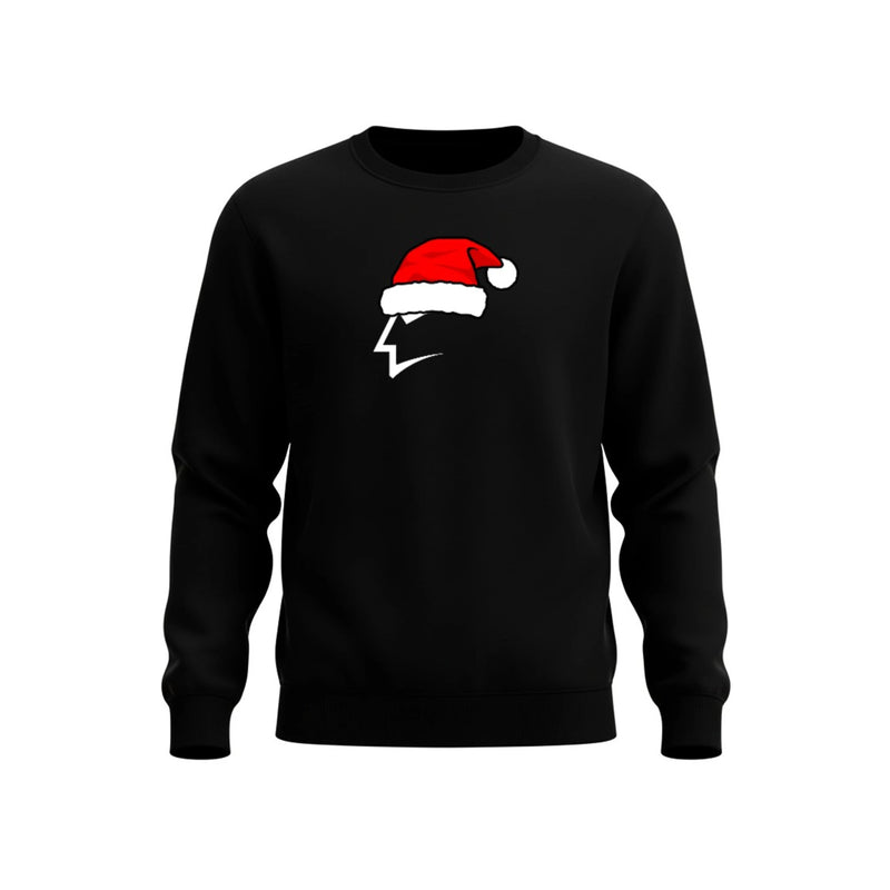 Black sweatshirt with a Santa hat graphic on a white background