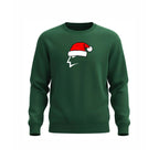 Pine green sweatshirt with a Santa hat graphic on a white background