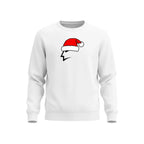 White sweatshirt with a graphic of a Santa hat on a white background