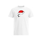 White t-shirt with a red Santa hat and black outline on a white background