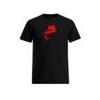 Black t-shirt with a red graphic on a white background