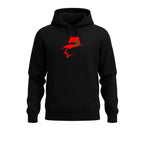 Black hoodie with a red graphic on a white background