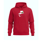 Santa red hoodie with a white graphic on a white background