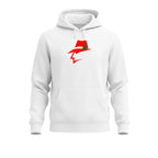 White hoodie with a red and green graphic on a white background