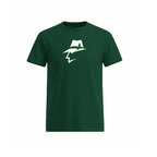 Pine green t-shirt with a white logo on a white background