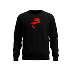 Black sweatshirt with a red graphic on a white background