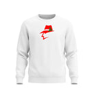 White sweatshirt with a red and green logo on a white background