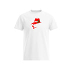 White t-shirt with a red and green graphic on a white background