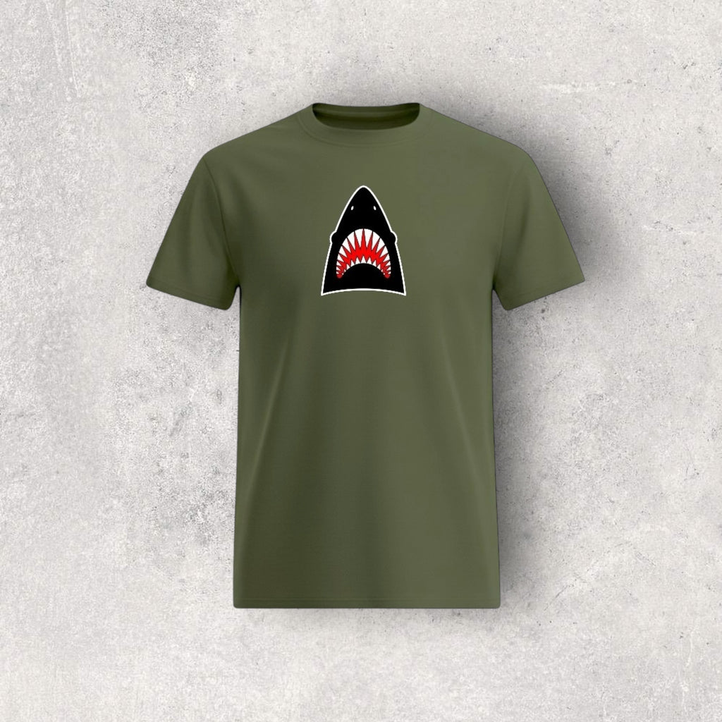 Army Green t-shirt with a shark graphic on a textured gray background