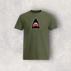 Army Green t-shirt with a shark graphic on a textured gray background