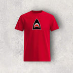 Red t-shirt with a shark graphic on a textured gray background